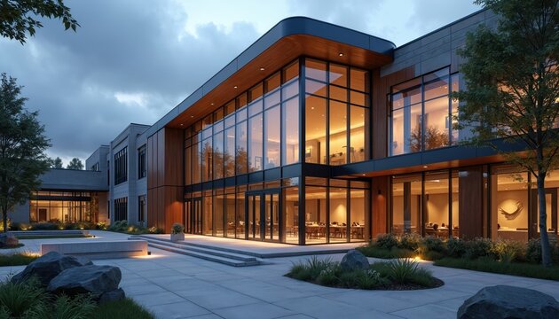 Modern school building with large glass windows and courtyard. Features contemporary architecture, clean design, and pro exterior. Ideal for educational institutions and urban settings.