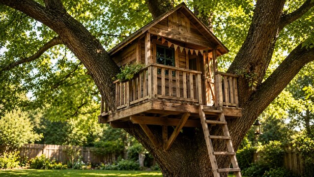 Classic rustic wooden treehouse cabin built securely on a large oak tree trunk