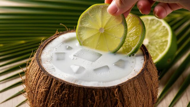 Tropical Coconut Elixir: A refreshing coconut drink adorned with lime slices, served in a hollowed-out coconut shell, hints at exotic vacation vibes and pure, unadulterated refreshment