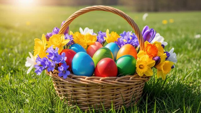 Easter basket full of painted eggs and spring flowers in the sun
