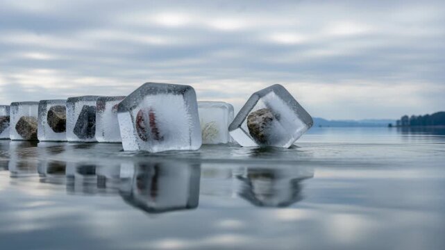 Frozen Objects on Ice: A series of ice cubes, each containing a stone, are arranged in a line on a frozen body of water, reflecting the cloudy sky above. A tranquil and serene natural setting.