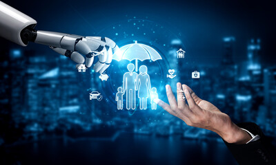 Futuristic Robot Assisting Human Family in Insurance or Protection Concepts with Digital Icons...