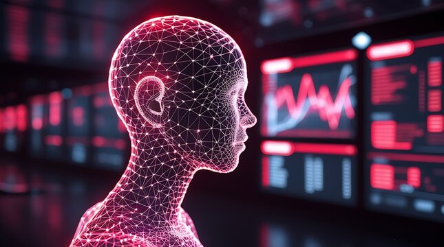 Pink wireframe AI profile with heart rate monitoring dashboard concept