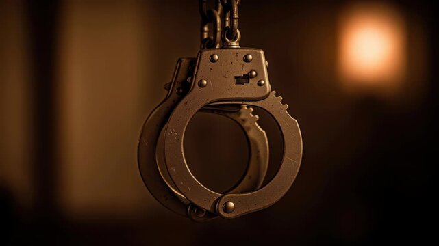 Chains of Justice: A close-up, dramatic shot of a pair of metal handcuffs hanging from a chain, evoking themes of law, order, and consequence.