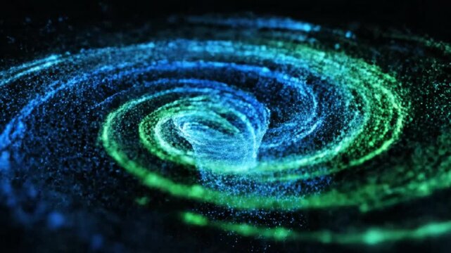 Abstract digital particle formation spiraling in space on dark background