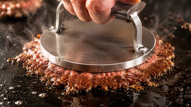 Chef hands using a heavy metal smash burger press on a meat patty over a hot grill