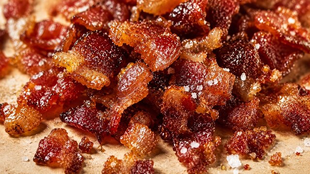 Macro close-up of crispy fried bacon bits with savory grease