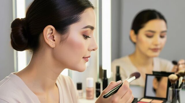 Beauty Ritual: A woman applies makeup in front of a vanity mirror, surrounded by cosmetics and illuminated by soft lighting, creating a serene and focused moment of self-care.