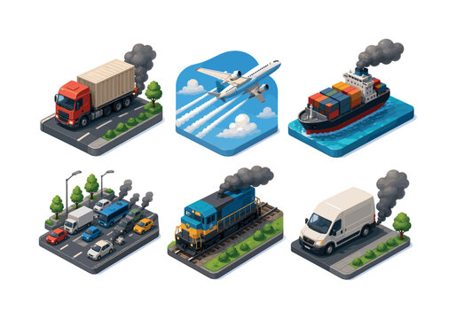 Transport emissions. Isometric flat vector icons set of Transport emissions: cargo truck exhaust, airplane contrail, container ship smoke, urban traffic lane, diesel train engine, delivery van plume.