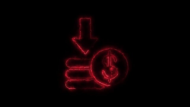 Neon red glowing dollar coin and downward arrow animation for financial loss or price drop concept