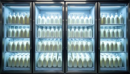 Fototapeta premium Commercial refrigerators display rows of glass milk bottles and cartons. Fresh dairy products are chilled on shelves ready for sale. White liquid fills containers in a retail store.