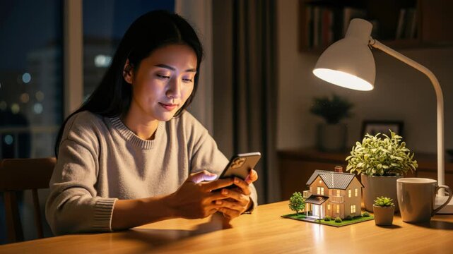 Evening Glow: A young woman illuminated by a desk lamp, engrossed in her smartphone in the warm evening light. Beside her, a miniature house model sits on the table, casting a cozy ambiance.