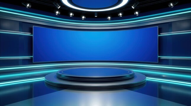 Modern 3D virtual TV studio backdrop designed for news shows and broadcasts.