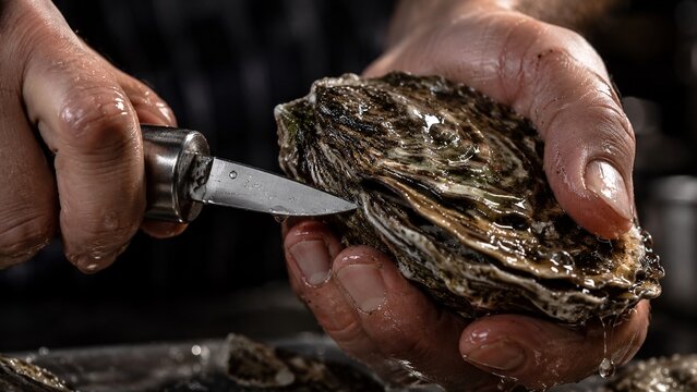 Close-up of chef hands shucking a fresh raw oyster with a knife