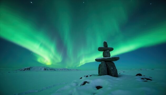 Stone inukshuk guides way under bright aurora borealis in snowy landscape. Northern lights glow green sky. Arctic night scene with cold winter wilderness.