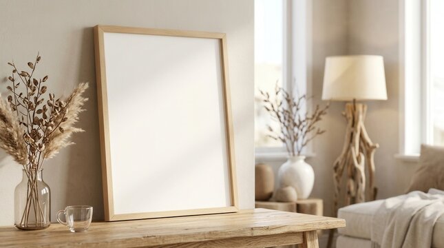 Coastal style home interior background featuring a mockup frame close up.