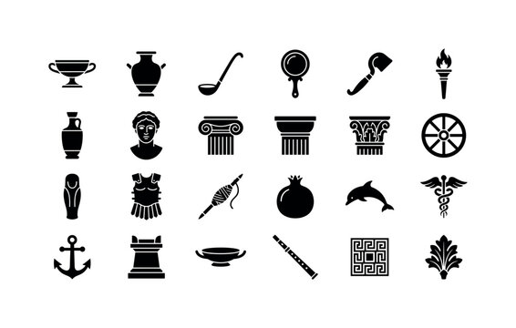 Hellenic Symbol Cabinet. Solid glyph icon set of ancient greek artifacts: kylix cup, hydria jar, kylix ladle, bronze mirror, strigil, torch, olive oil flask, marble bust, Ionic capital, Doric capital,