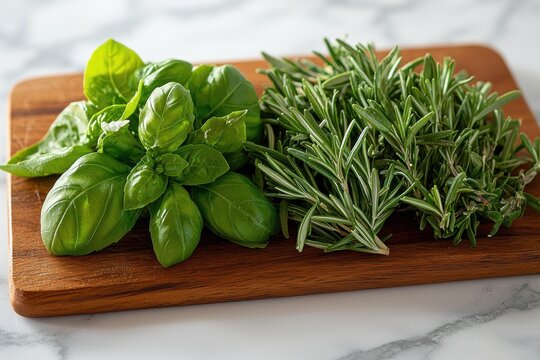 Fresh basil and rosemary are arranged on a wooden cutting board, ready for culinary use. AI.
