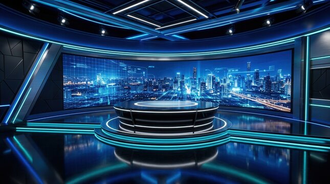 Modern 3D virtual TV studio set designed for news shows and broadcast programs.