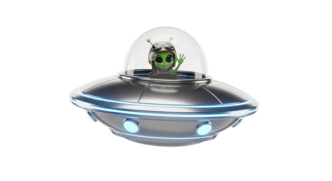 Friendly alien waving from flying saucer