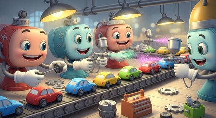 Obraz premium Friendly Robot Workers Assembling Colorful Toy Cars