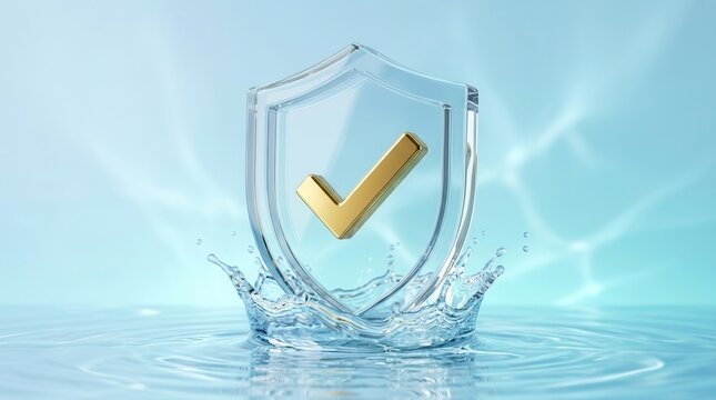 Concept of privacy and computer security featuring a transparent glass shield with a checkmark icon.