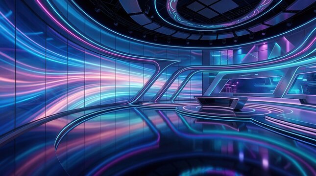 Modern 3D virtual studio background featuring vibrant light effects for news broadcasts.