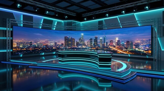 A 3D illustration of a virtual news studio background featuring a city skyline.