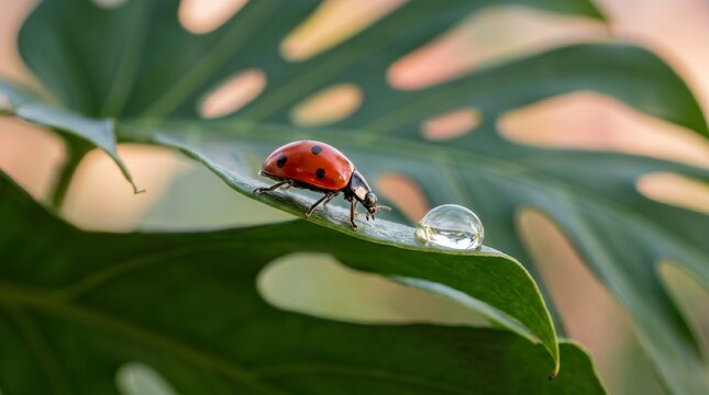 Macro focus on a red ladybug walking on a green monstera leaf with water droplets.