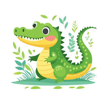 Cute cartoon alligator with plants