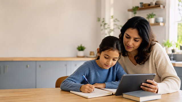 Mother Assisting Daughter With Homework Using Tablet At Home
