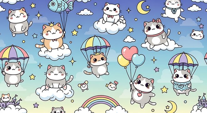 Kawaii cats floating on clouds and parachutes in a magical sky