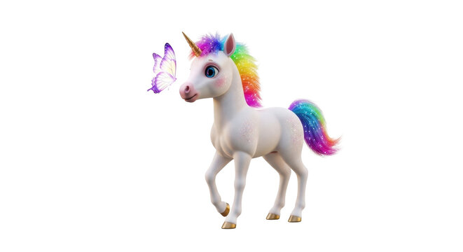 Magical unicorn with rainbow mane and butterfly