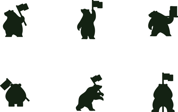 Collection of six stylized bear silhouettes holding flags and one holding a box