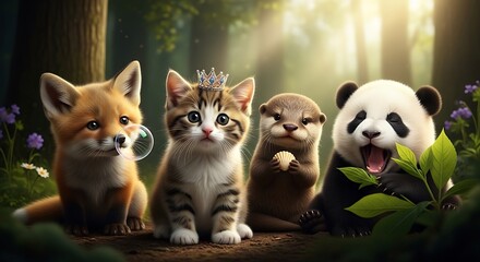 Fototapeta premium Adorable baby fox kitten otter and panda in a sunny woodland forest