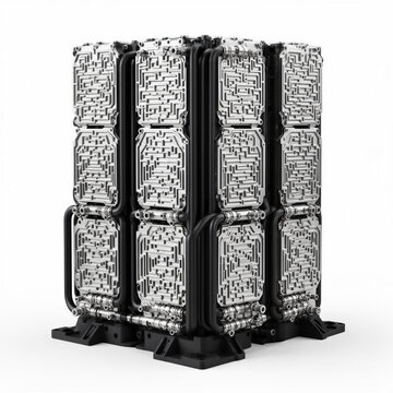 Full perspective view of a massive 3x3 array hydrogen fuel cell bipolar plate stack, featuring highly dense maze-like flow field patterns and an extensive black manifold system on a sturdy base.