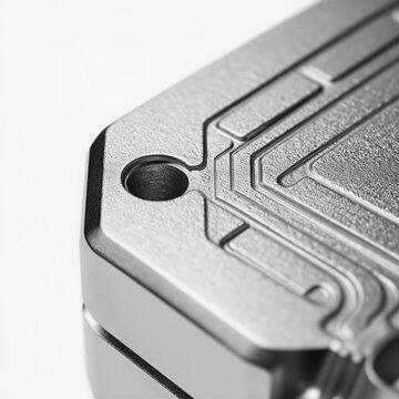Detailed close-up macro photography of precision-engineered metallic hydrogen fuel cell bipolar plate, featuring intricate stamped gas flow field channels and a threaded screw hole for stack assembly