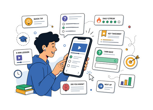 Microlearning on mobile devices. A learner explores short lessons on a smartphone, with floating knowledge cards, quick quiz icons, and small progress markers around the screen. The scene feels fast,