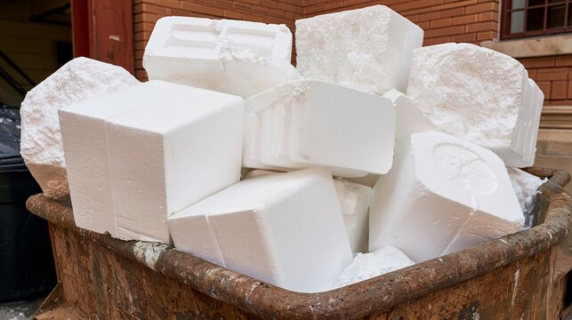 White foam packaging waste piled in a dumpster outdoor  