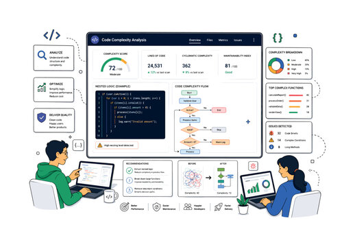Code complexity analysis. Developers examine a clean code dashboard with nested logic blocks, branching flowcharts, and highlighted performance indicators. Floating brackets, bug markers, and