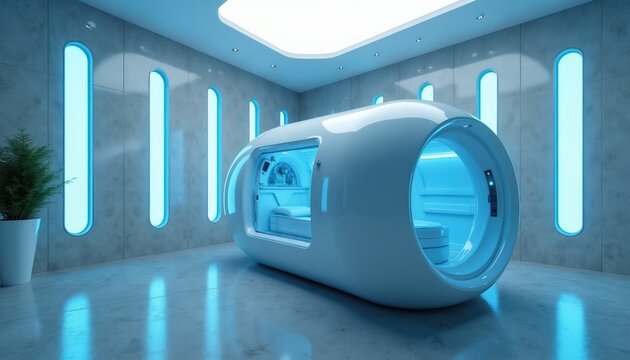 Sleek hyperbaric oxygen chamber in clean modern medical room. Futuristic capsule provides therapeutic healing and wellness treatment. Advanced health recovery device indoors.