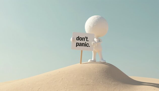 White figure stands on sand dune holding a sign that says dont panic. Minimalist design conveys a calm message. Simple background promotes peace and reassurance. Positive outlook.