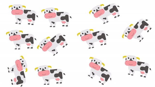 Multiple cartoon cows in black and white, orderly lined on a white background. Suitable for farm or animalthemed designs.