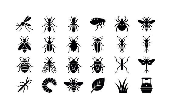 Pest Garden Critters. Solid glyph icon set of insects and pests: mosquito, ant, termite, flea, tick, hornet, firefly, weevil, aphid, leafhopper, earwig, silverfish, bedbug, lacewing, shield bug, stink