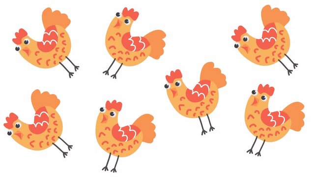 Six orange cartoon chickens patterned background ideal for childrens fabric, stationery, wallpaper, and packaging design with fun poultry characters.