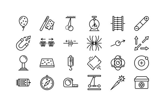 Physics Charge Objects. Line icon set of electric charge and fields: charged balloon, glass rod, pith ball, electroscope, parallel plates, dipole bar, attraction magnet, repulsion spring, battery