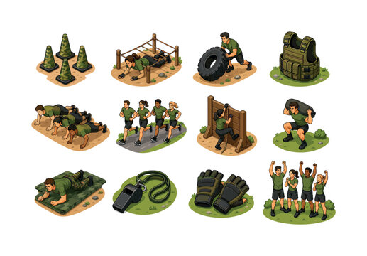 Military Style Fitness. Colorful isometric vector icons set of Military Style Fitness: camouflage training cones, rope crawl, tire obstacle, weighted vest, group push-ups, running formation, obstacle