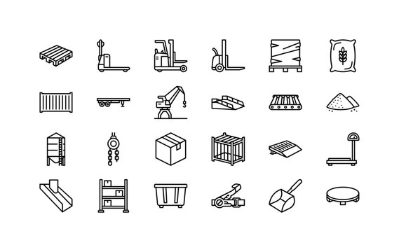 Bulk Cargo Movement. Line icon set of pallet handling bulk material and transport: plastic pallet, electric pallet truck, reach truck, pallet stacker, shrink wrapped load, grain sack, metal container,