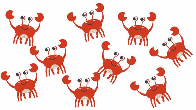 Many happy red crabs, small ocean creatures waving tiny claws, suitable for marinethemed designs, illustrations, educational materials, and childrens books.