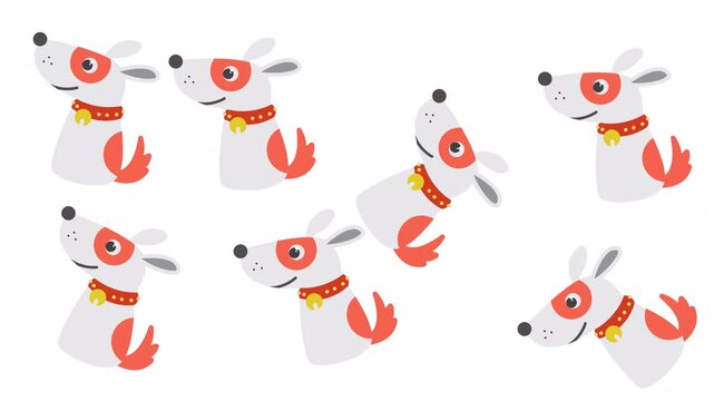 Six small white cartoon dogs with red eye patches, collars, and gold bells are playful and suitable for petthemed designs.